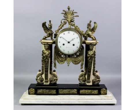 A mid 19th Century French gilt brass, white marble and black marble cased mantel clock of "Empire" design by Piolaine of Pari