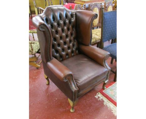 Leather button-back library chair