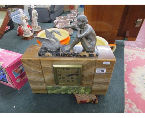 Marble clock with girl and swan figure