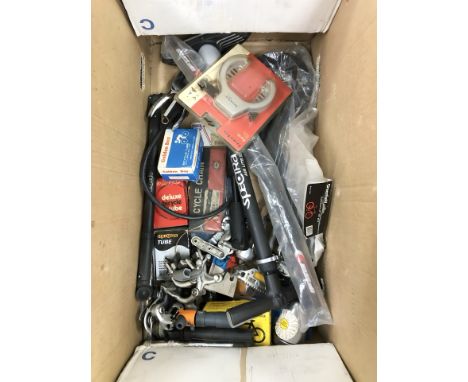 Assorted cycling tools and components, air pump, brakes, frame lock, etc. (1 box)