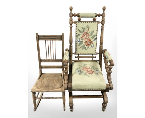 An early 20th century rocking chair with tapestry upholstered seat and a further smaller rocking chair 