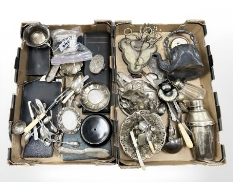 A collection of silver plated wares including cutlery, cocktail shaker, Chinese model rickshaw etc (2 boxes)