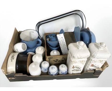 A quantity of Danish enameled and ceramic kitchen wares. (1 box)