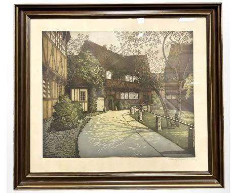 Danish School : A street in a town, colour etching, indistinctly signed, 50 cm x 60 cm