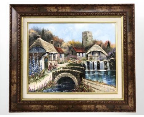 Dallas K Taylor : Village scene with stone bridge and waterfall, oil on board, 32 cm x 40 cm.
