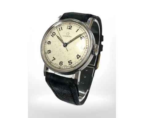 A gent's vintage stainless steel Omega manual-wind wristwatch, circa 1939, silvered dial with centre seconds and Arabic numer