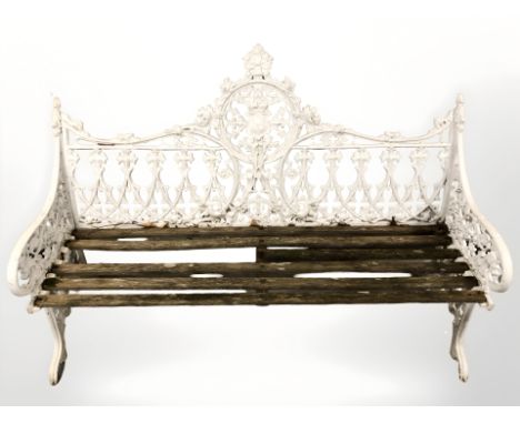 A late Victorian painted cast iron and teak garden bench, length 157 cm (as found) 