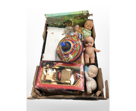 A group of vintage dolls, Chad Valley children's spinning top, Tommy Atomic robot toy, Sindy wardrobe and doll. (1 box)