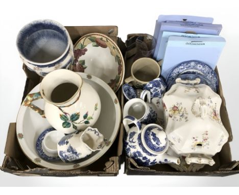 A group of Wedgwood collectors plates, Churchill willow pattern tea china, Italian ceramic planter, wash jug and basin, etc. 