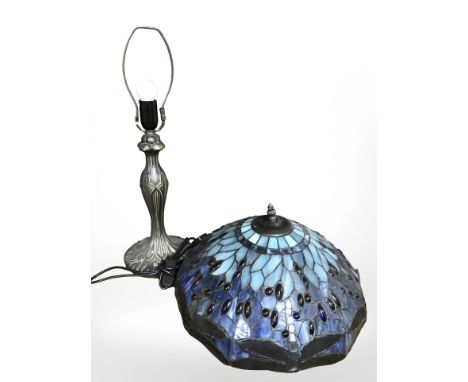 A patinated metal lamp base with Tiffany style dragonfly pattern shade, diameter 40 cm 