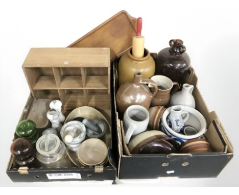 A small teak open wall shelf, glass storage jars, granite pestles and mortars, various kitchen stoneware jugs. (2 boxes)