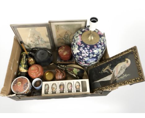 Oriental wares including pictures, ceramic lamp base, hand fans, Japanese cast iron tea pot, etc. (1 box)