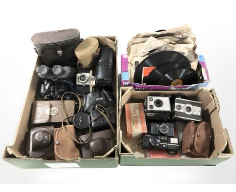 Assorted vintage cameras including Yashica, Kodak, various accessories, pair of Carl Zeiss 8x30 binoculars, Sakura 10x/70x bi