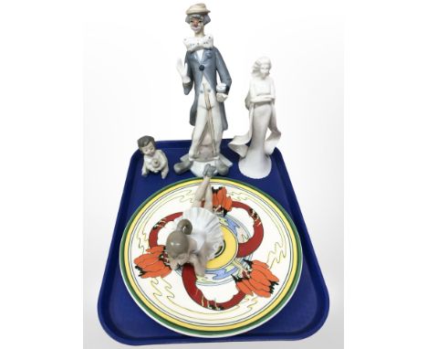 A Wedgwood Centenary Clarice Cliff Bizzare charger,  diameter 30.5 cm, two Nao figures, Spanish figure of a clown and an Eleg