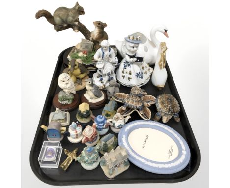 A group of Wade tortoises, resin ornaments including Julianna group of two squirrels on a branch, Wedgwood jasperware picture