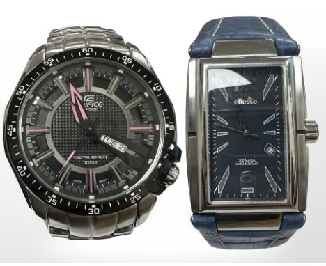 A gent's stainless steel Casio Edifice quartz calendar wristwatch, case 42mm, and a gent's stainless steel Ellesse rectangula