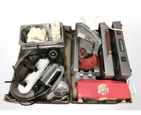 A group of culinary items including scales, stainless steel dishes, Lincat hot plate, Lurpak butter dish and toast rack, etc.