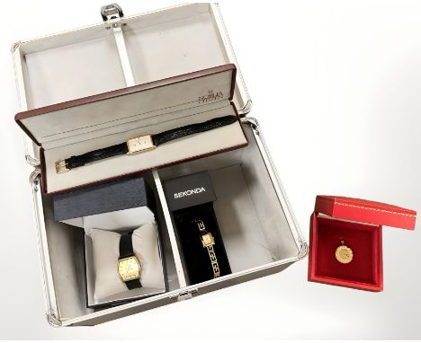 A gent's gold plated Rotary automatic calendar wristwatch, a further lady's Sekonda watch, a Noblia Citizen watch, and an Ome