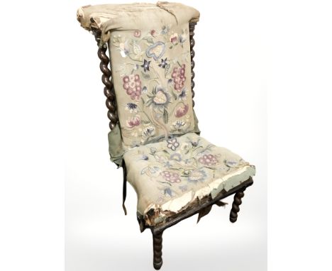 A Victorian oak barley twist occasional chair in tapestry fabric (as found).