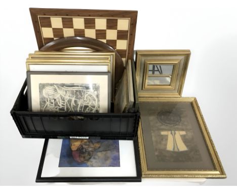 A group of pictures, prints and mirrors, wooden chess board, etc. (1 box)