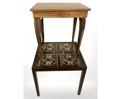 A Danish tile inset coffee table, width 44 cm, and an Italian inlaid musical table.