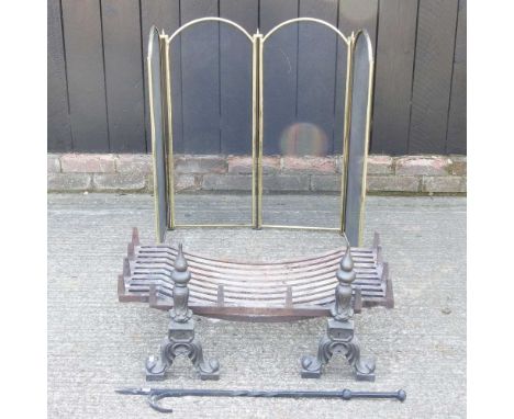 A fire grate, together with a pair of fire dogs and a fire screen (4)
