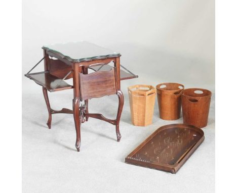 An Edwardian folding occasional table, 92cm wide overall, together with a Victorian style bagatelle and three wooden bins (5)