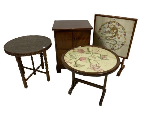 19th century mahogany cabinet, antique firescreen, Benares table and small coffee table (4)