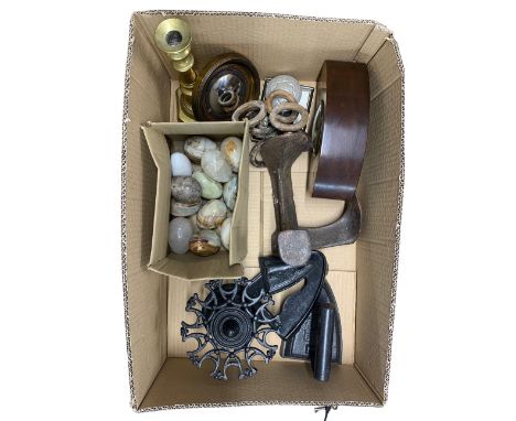 Quantity of cast iron including cobblers last, brass candlesticks together with Edwardian mantle clock etc. in one box