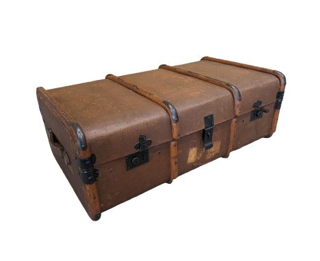 Vintage travelling trunk with lift out tray, leather handles to each side and vintage travel label to the frontDimensions: He
