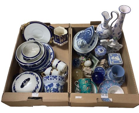 Chinese blue and white tureen, the lid modelled as a Duck, glass paperweights, pair of Portmeirion cups and saucers designed 