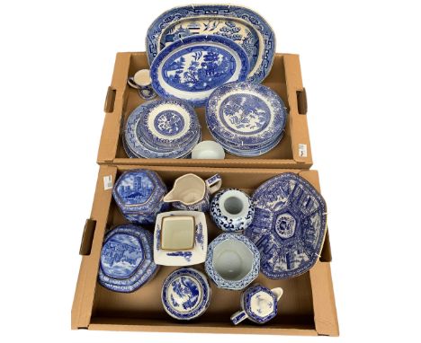 Rington's Willow pattern tea caddies jugs etc. together with earlier willow pattern plates etc. in two boxes