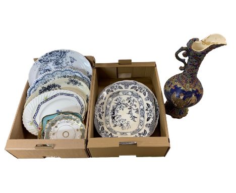 Quantity of meat plates in two boxes together with decorative Nippon ewer max H50cm