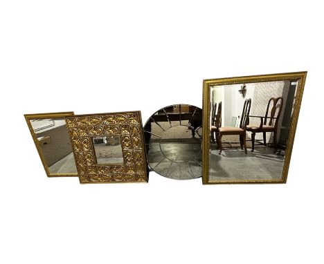 Square gilt framed mirror with wide foliate and shell moulded frame with two others; Art Deco design circular mirror with sur
