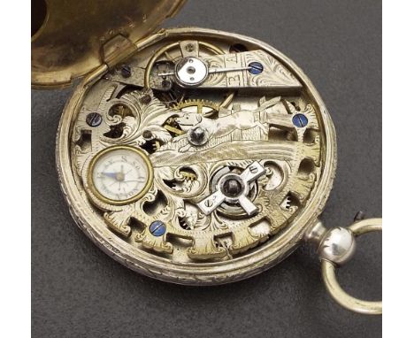 Unusual Continental silver cylinder pocket watch, the elaborate movement engraved with a hunting scene and inset with a minia