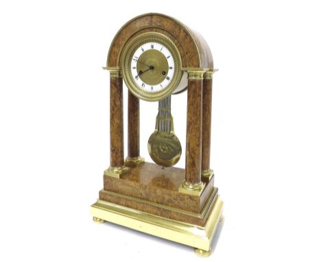 Good French attractive amboyna two train portico mantel clock, the movement with outside countwheel striking on a bell, the 4