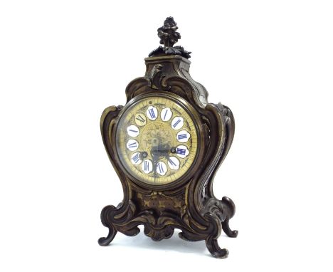 French bronzed two train balloon mantel clock, the Japy Freres movement with outside countwheel striking on a bell, the 4" re