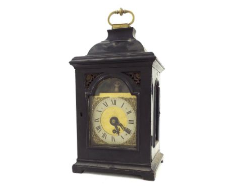 Small ebonised single fusee automata bracket clock with passing strike on a bell, the 4" square brass dial with silvered chap