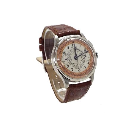 Vulcain Chronometer stainless steel chronograph gentleman's wristwatch, the silvered and bronze dial with telemeter chapter, 