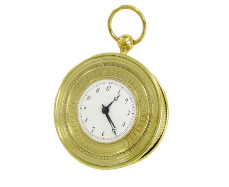 Contemporary brass circular eight day alarm clock, the 2.5" white dial within an egg and dart cast surround, with ribbed side
