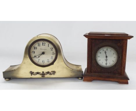 Waterbury gilt metal Napoleon hat timepiece, 6.5" high; also a Smiths oak cased timepiece, 7" high (2)