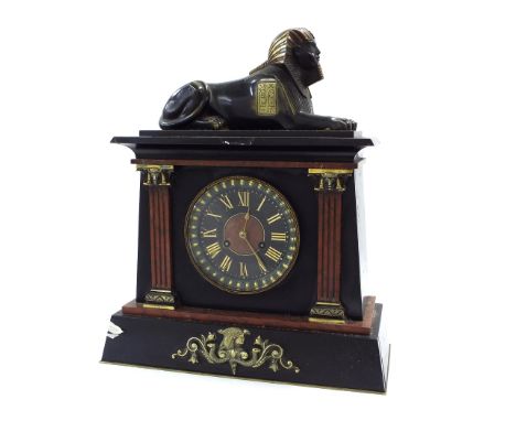 Black and rouge marble two train mantel clock in the Egyptian taste, the movement striking on a bell, the 4.5" slate and marb