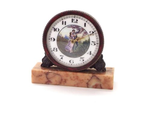Miniature mantel timepiece, the circular enamel dial with Arabic chapter ring enclosing a central scene depicting a romantic 