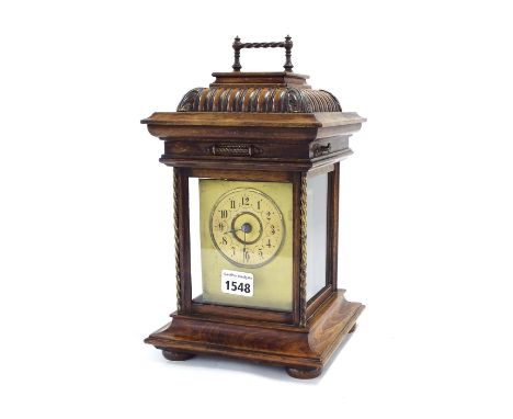 Walnut Symphonium timepiece mantel clock, the 2.75" cream chapter ring on a rectangular plate and within a glazed stepped cas