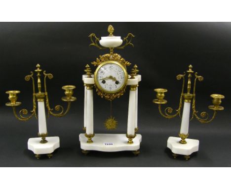 French gilt metal and white marble two train portico drumhead mantel clock garniture, the Japy Freres movement with outside c