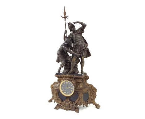 French spelter and black slate two train figural mantel clock, the movement with outside countwheel striking on a bell, the 3