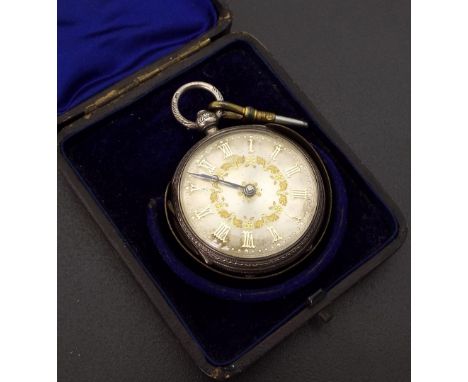 English silver fusee lever pocket watch, London 1888, the silvered dial with applied Roman numerals, engine turned case with 
