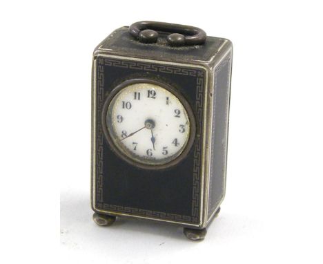 Miniature silver and black enamel carriage clock timepiece, the 0.75" dial within a carriage type case, 2" high