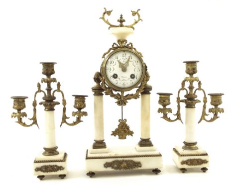 French white marble and brass portico two train mantel clock garniture, the movement with outside countwheel striking on a be