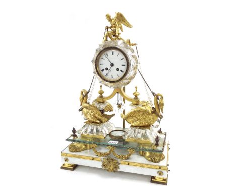 Unusual decorative French gilt metal and glass mounted ornate two train drumhead mantel clock, the movement with outside coun